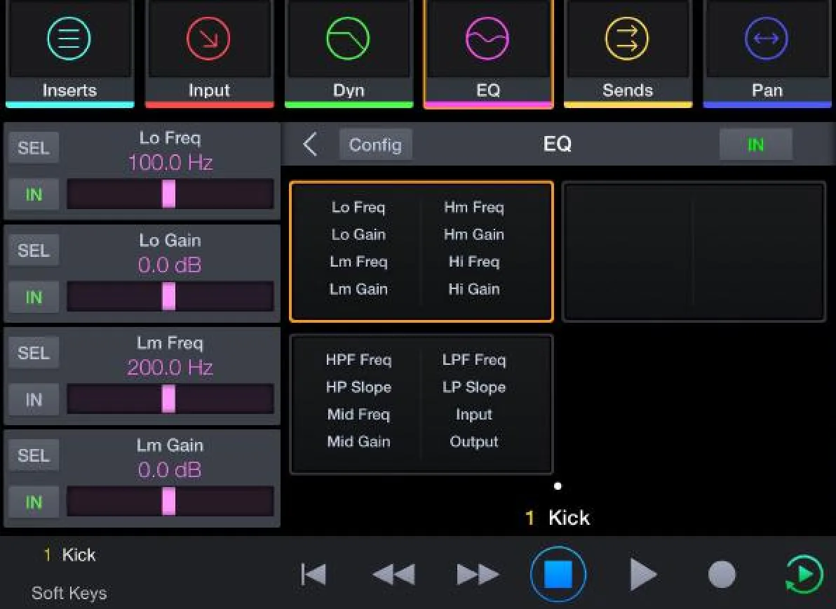 Pro Tools | Control Channel view, EQ (capture from the Pro Tools | Control guide)
