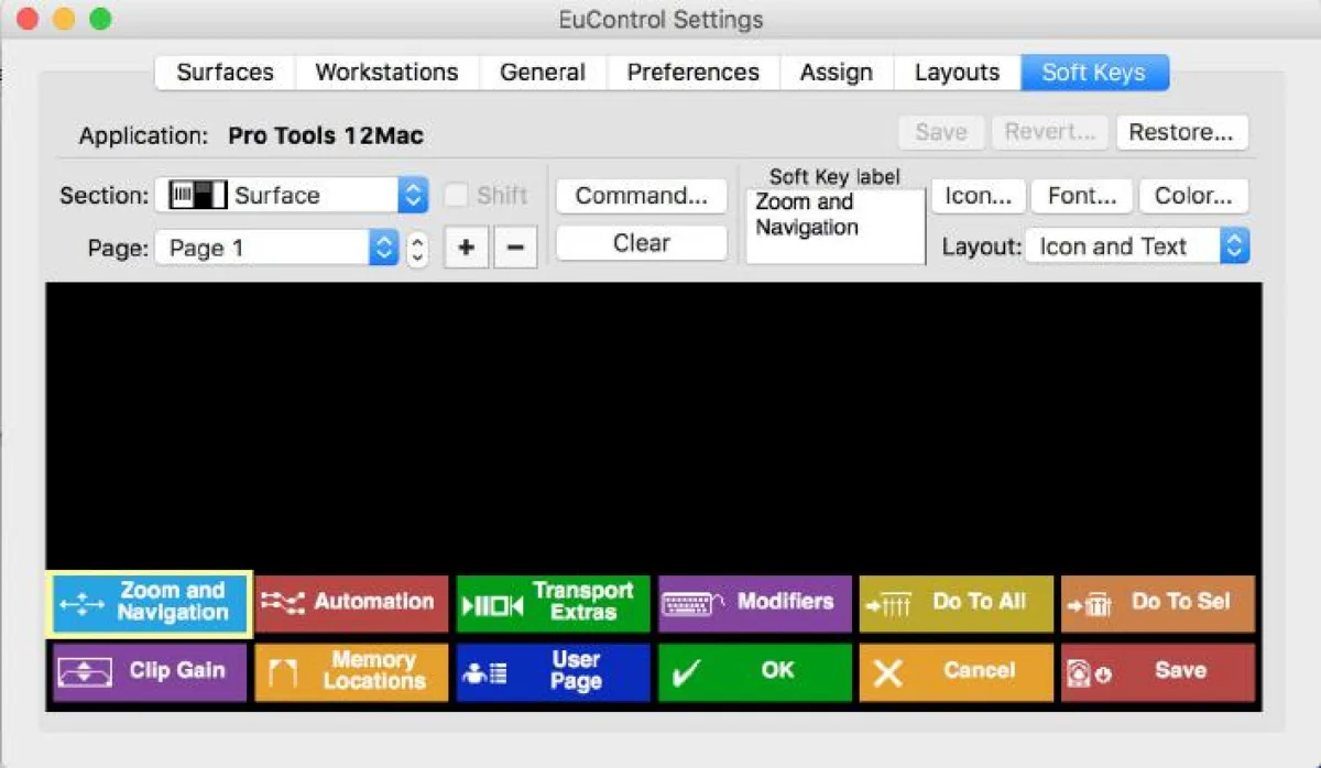 EuControl Soft Keys editor (capture from the Pro Tools | Control guide)
