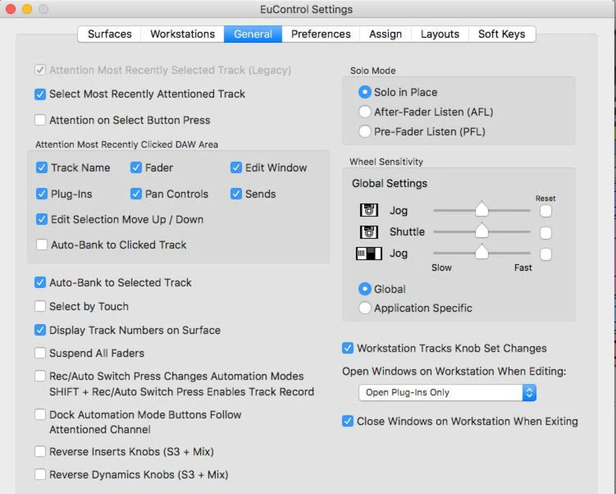 EuControl settings, General tab: selected-track follow, solo mode and wheel sensitivity (screenshot from the Pro Tools | Control guide)