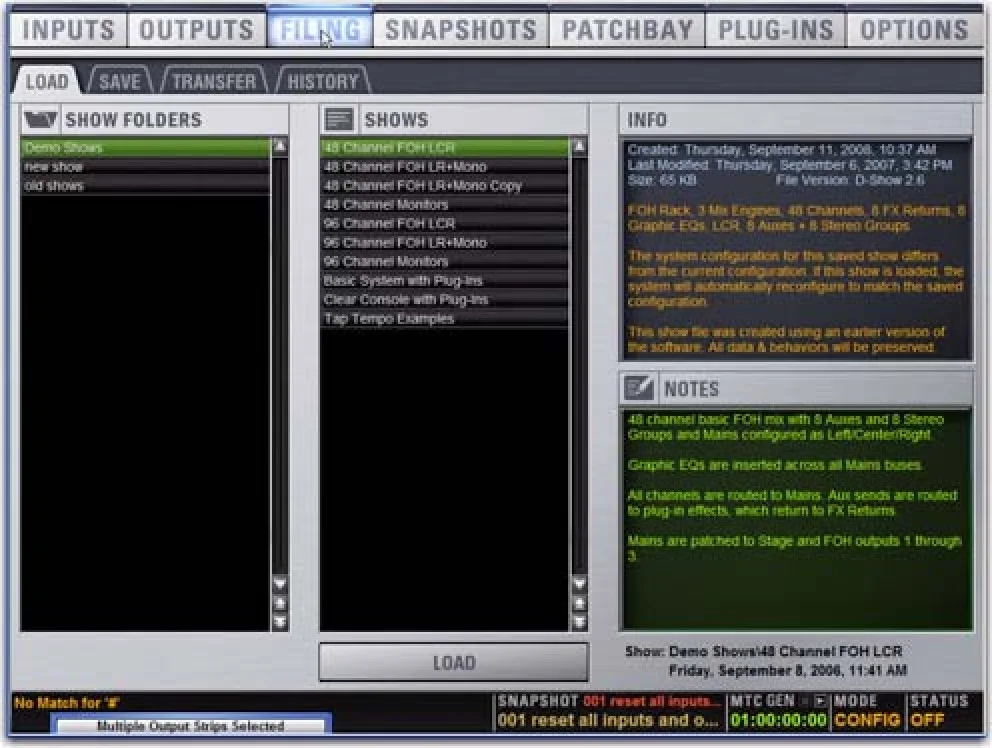 VENUE software Filing page, Load tab: show folders, show file list and notes (VENUE D-Show guide capture)