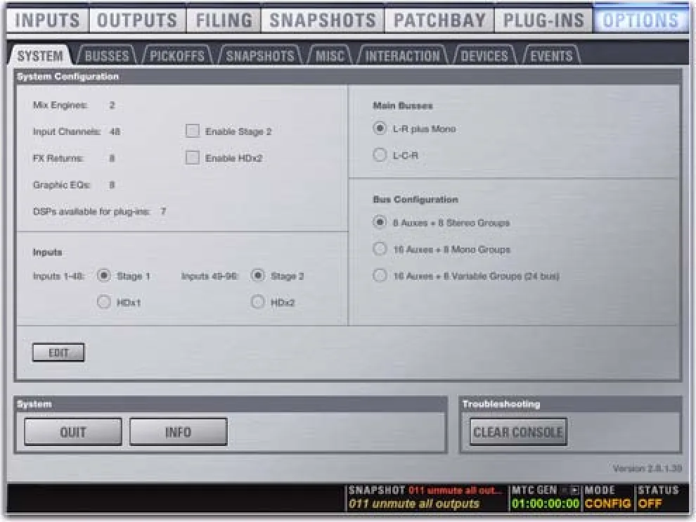 VENUE software Options page, System tab: mix engines, Stage 1 and 2 inputs, bus configuration (VENUE D-Show guide capture)