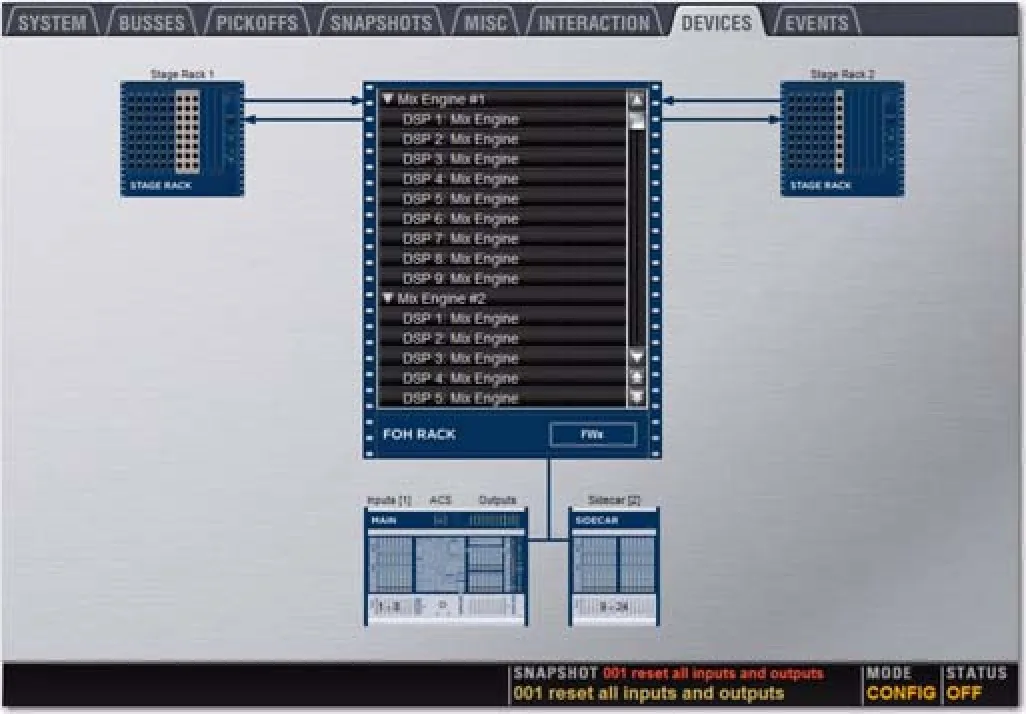 VENUE software Options page, Devices tab: two Stage Racks, FOH Rack and its DSPs, Main Unit and Sidecar (VENUE D-Show guide capture)