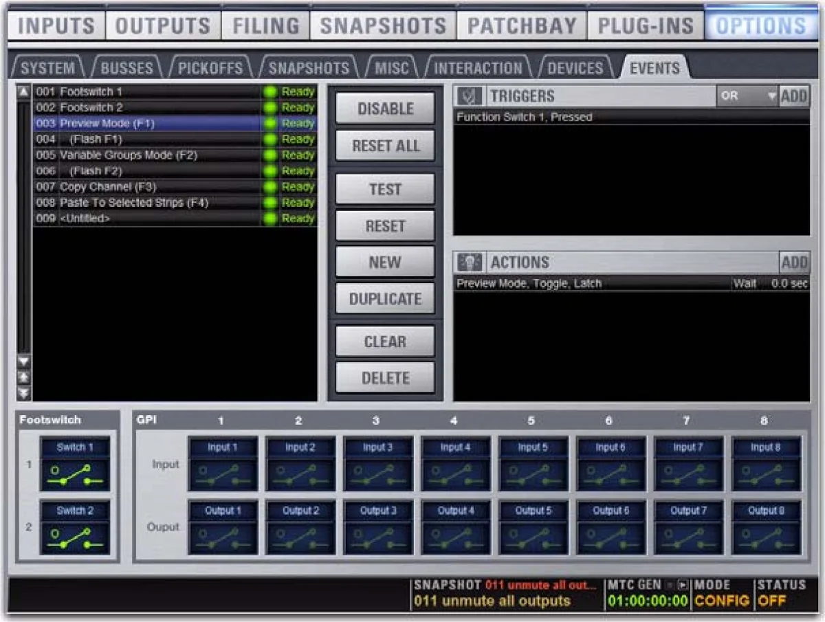 VENUE software Options page, Events tab: triggers and actions, footswitches and GPI (VENUE D-Show guide capture)