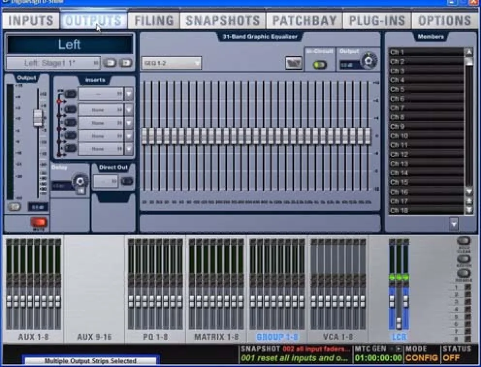 VENUE software Outputs page for the Left bus with a 31-band graphic EQ inserted (VENUE D-Show guide capture)