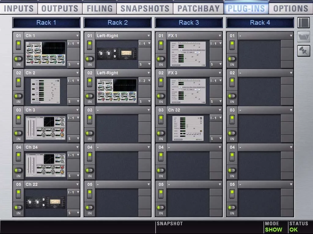 VENUE software Plug-Ins page: four racks of TDM plug-ins inserted on channels and effects (VENUE Profile guide capture)