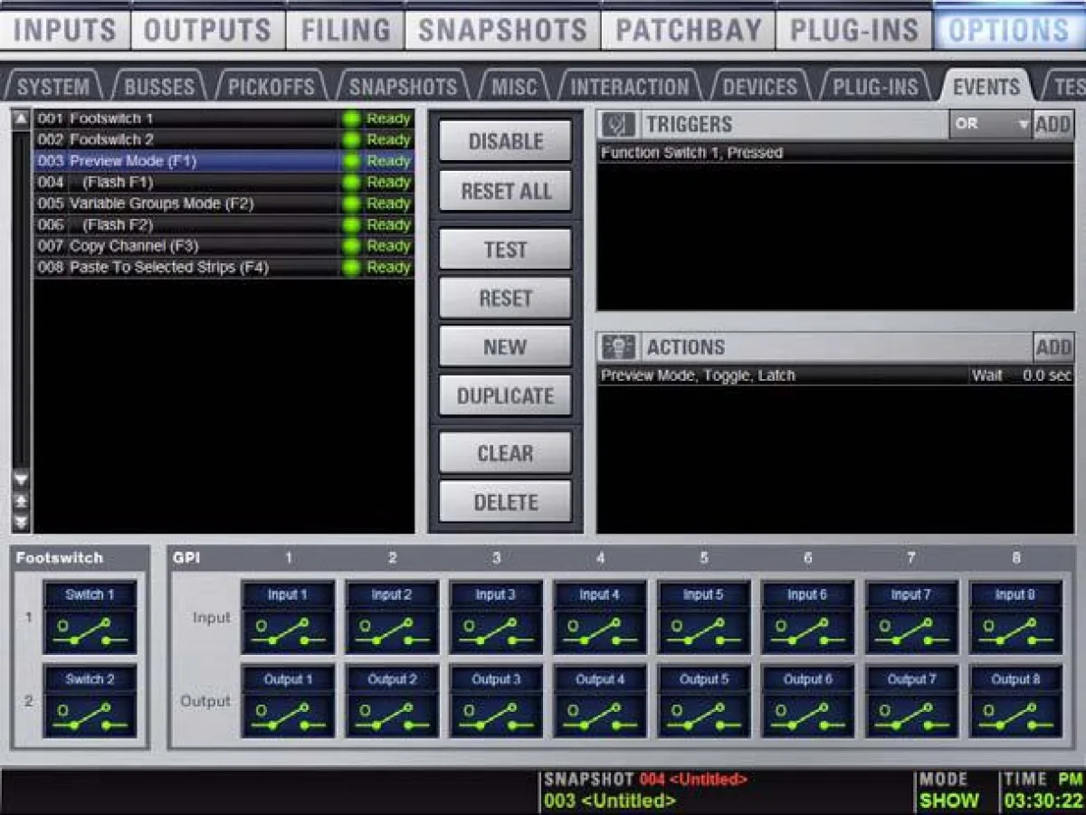 VENUE software Options page, Events tab: triggers and actions, footswitches and GPI (VENUE Profile guide capture)