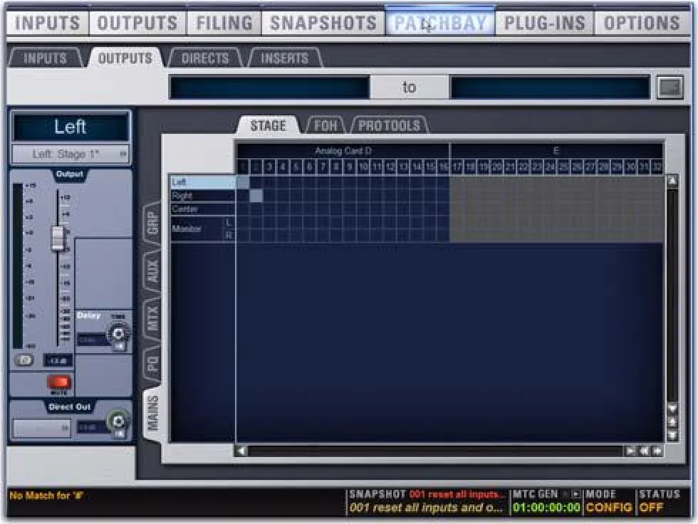 VENUE software Patchbay page, Outputs tab: Left bus routed to Stage Rack outputs (VENUE Profile guide capture)