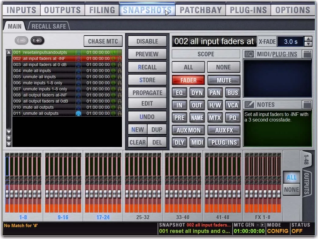 VENUE software Snapshots page: snapshot list, crossfade, per-parameter recall scope and notes (VENUE Profile guide capture)