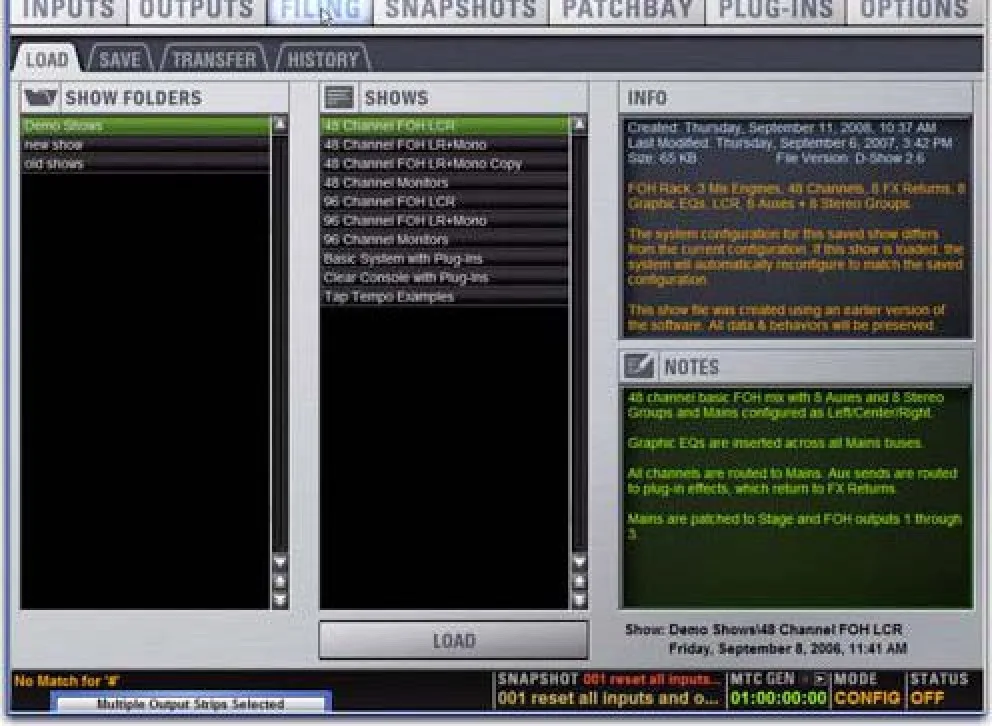 VENUE software Filing page, Load tab: show folders, show file list and notes (VENUE Profile guide capture)