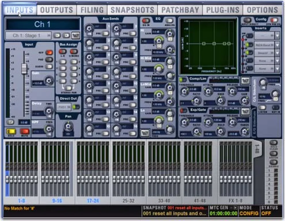 VENUE software Inputs page for channel 1: preamp, aux sends, inserts, 4-band EQ with curve, compressor and gate (VENUE Profile guide capture)