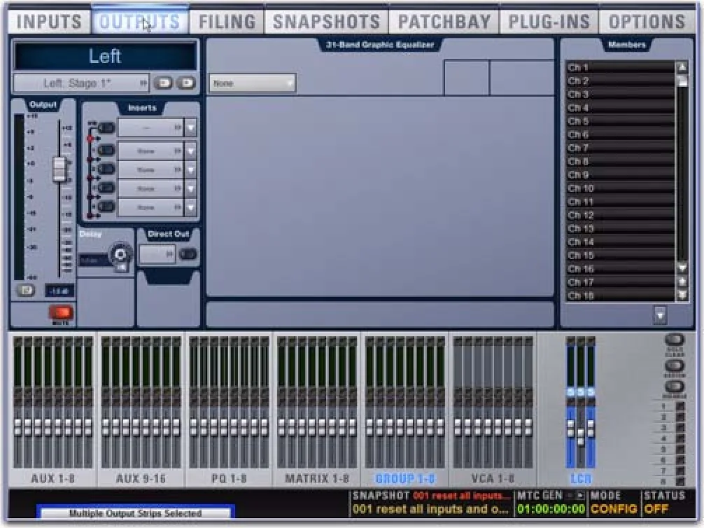 VENUE software Outputs page for the Left bus with inserts and 31-band graphic EQ (VENUE Profile guide capture)