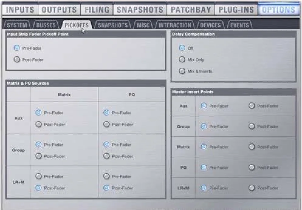 VENUE software Options page, Pickoffs tab: pre or post fader pickoff points and delay compensation (VENUE Profile guide capture)