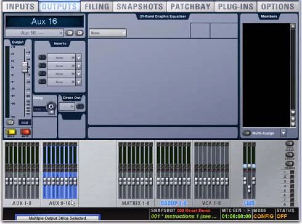VENUE software Outputs page for Aux 16 with inserts and 31-band graphic EQ slot (VENUE Profile guide capture)
