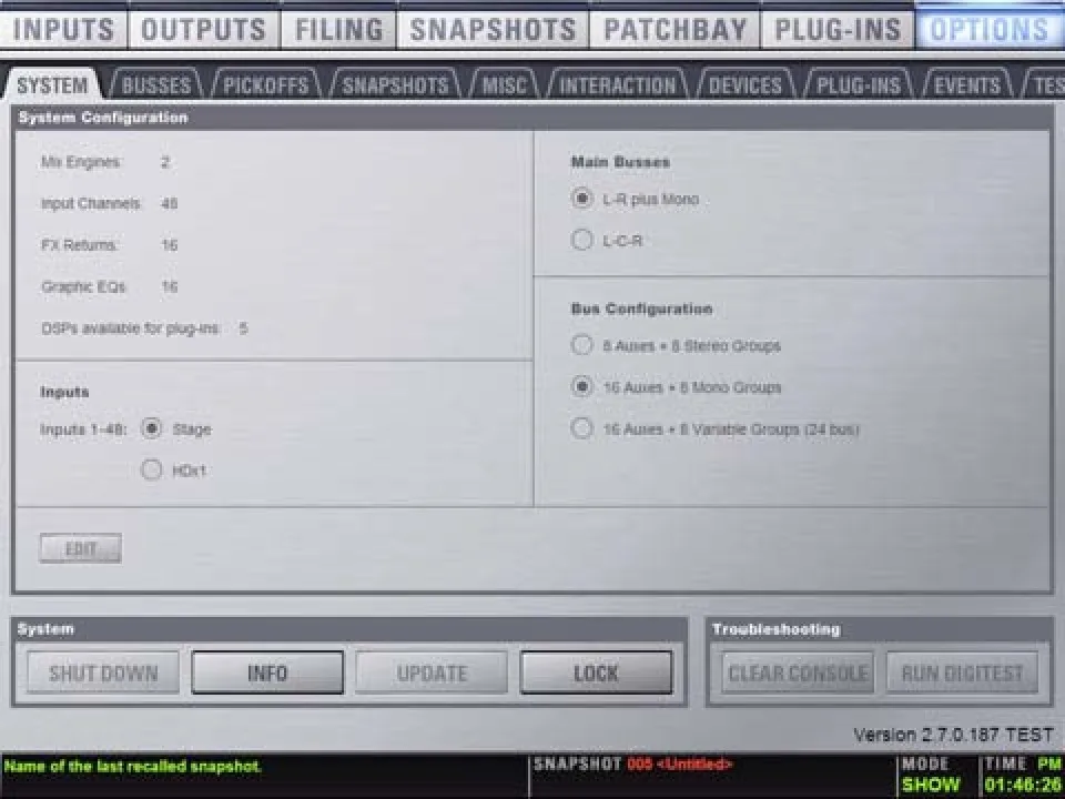 VENUE software Options page, System tab: mix engine, bus and input source configuration (VENUE Profile guide capture)
