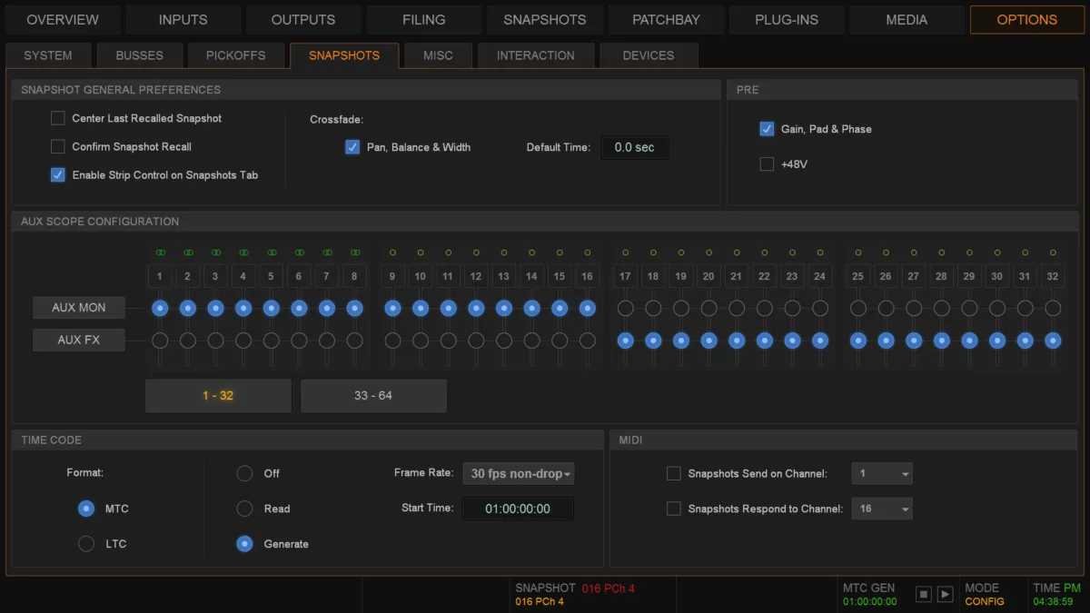 Options page, Snapshots tab: snapshot preferences, aux scope and time code