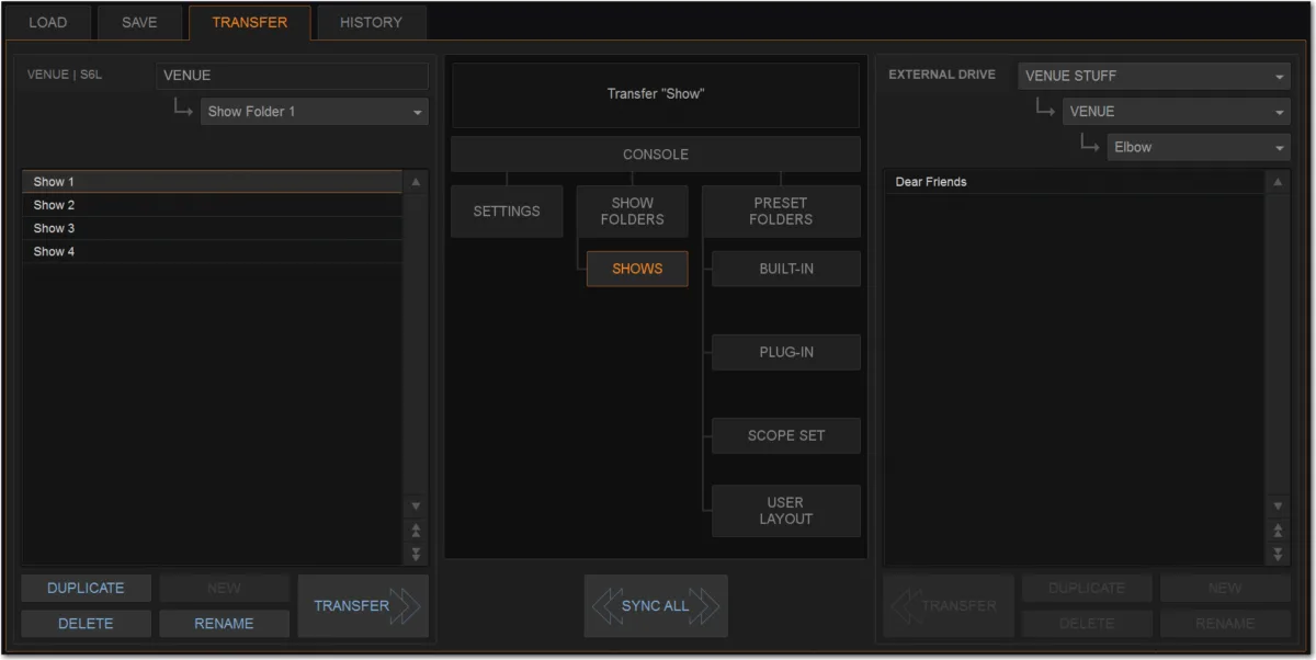 Filing page, Transfer tab: exchanging shows and presets with a USB drive