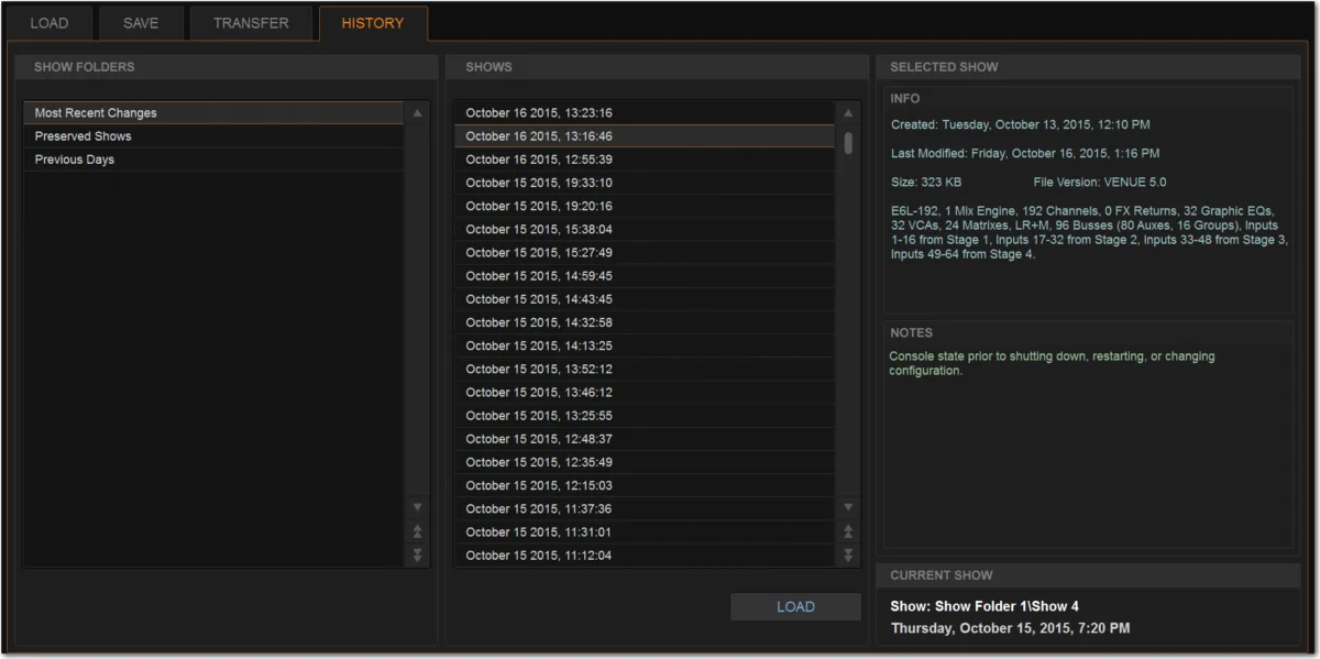 Filing page, History tab: time-stamped show backups
