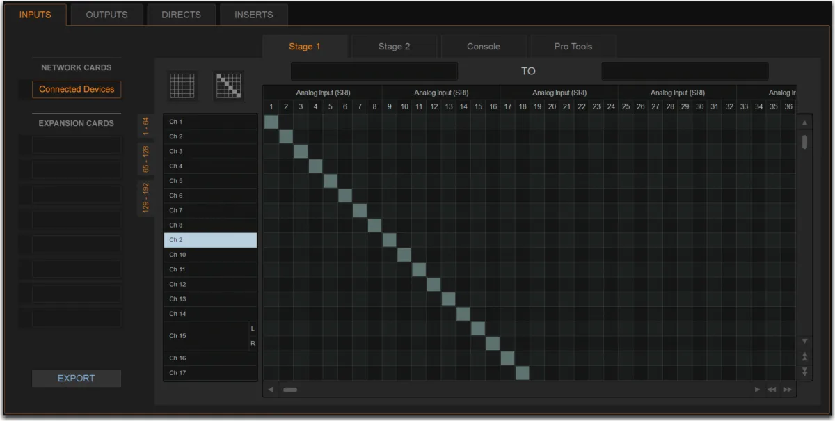 Patchbay page, Inputs tab: routing grid for the Stage rack inputs