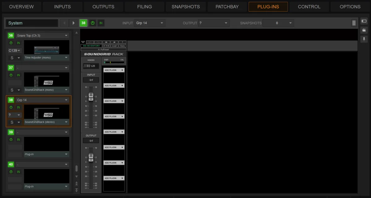 Plug-Ins page: SoundGrid rack