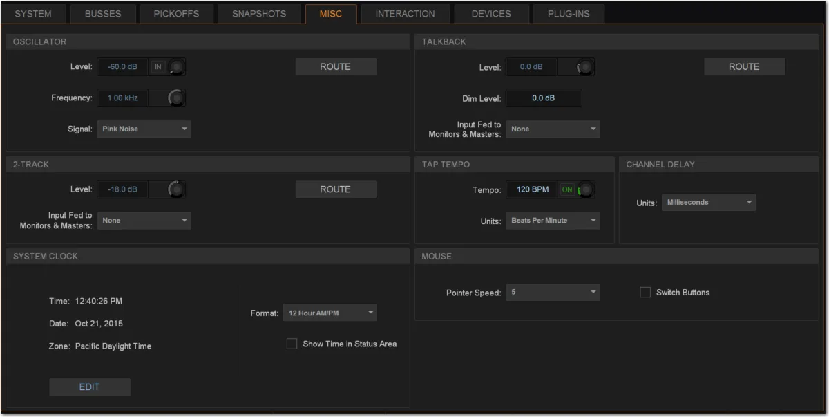 Options page, Misc tab: oscillator, talkback, 2-track, clock and tap tempo