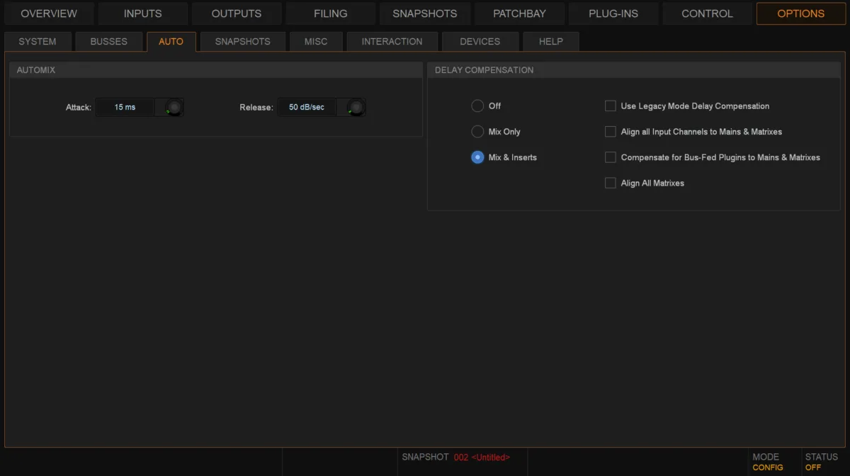 Options page, Auto tab: automix and delay compensation