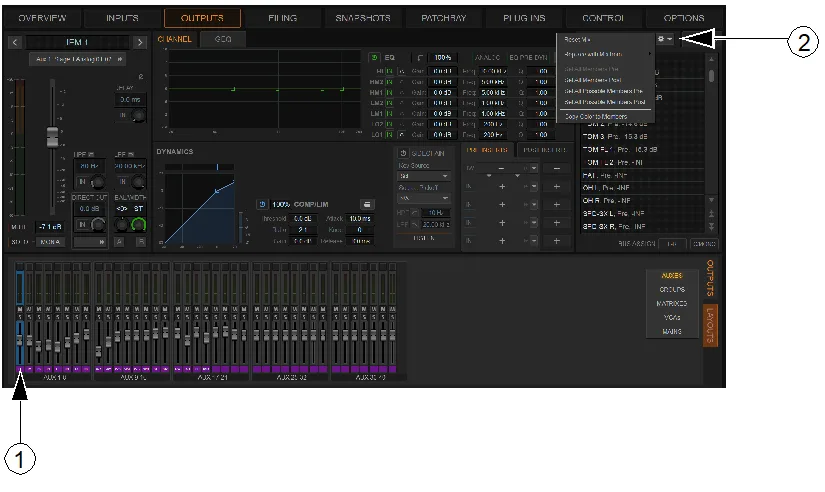 VENUE Outputs page: selected aux bus with EQ, dynamics and members list