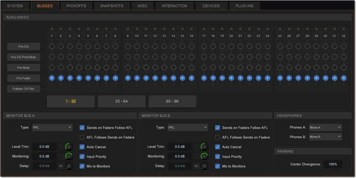 Options page, Busses tab: aux, monitor bus and headphone settings