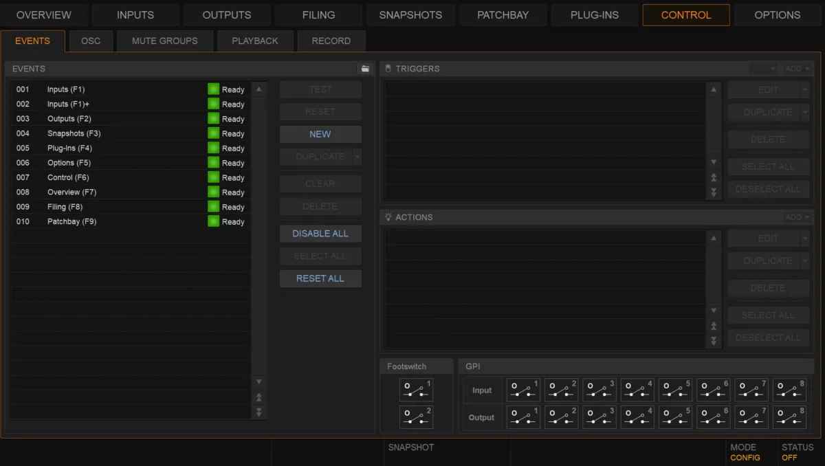 Control page, Events tab: events, triggers and actions, footswitch and GPI