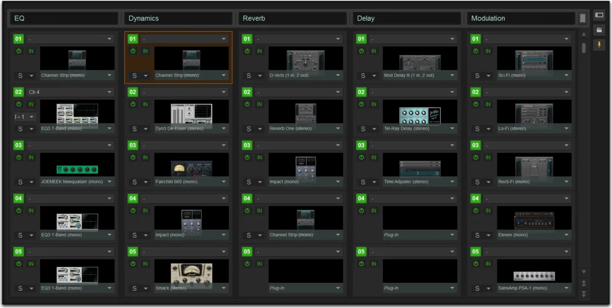 Plug-Ins page: EQ, Dynamics, Reverb, Delay and Modulation plug-in racks
