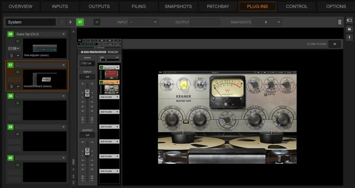 Plug-Ins page: SoundGrid plug-in open in the rack