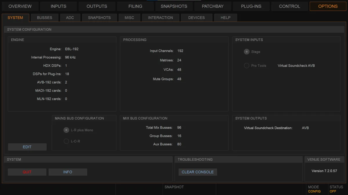 Options page, System tab: engine, processing, channel counts and software version