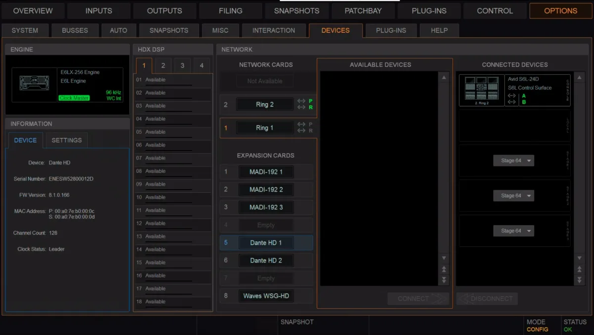 Options page, Devices tab: engine, network cards and connected Stage racks