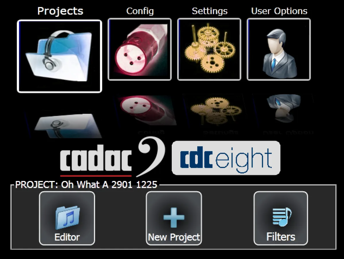 CDC eight menu screen: Projects, Config, Settings and User Options