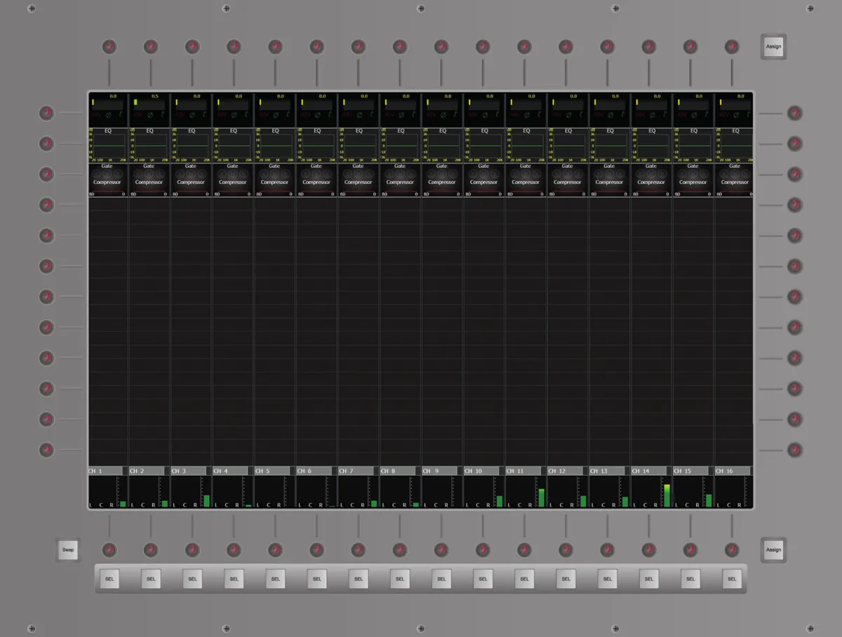 CDC eight touchscreen and its encoders: 16 virtual strips with metering, EQ, gate and compressor