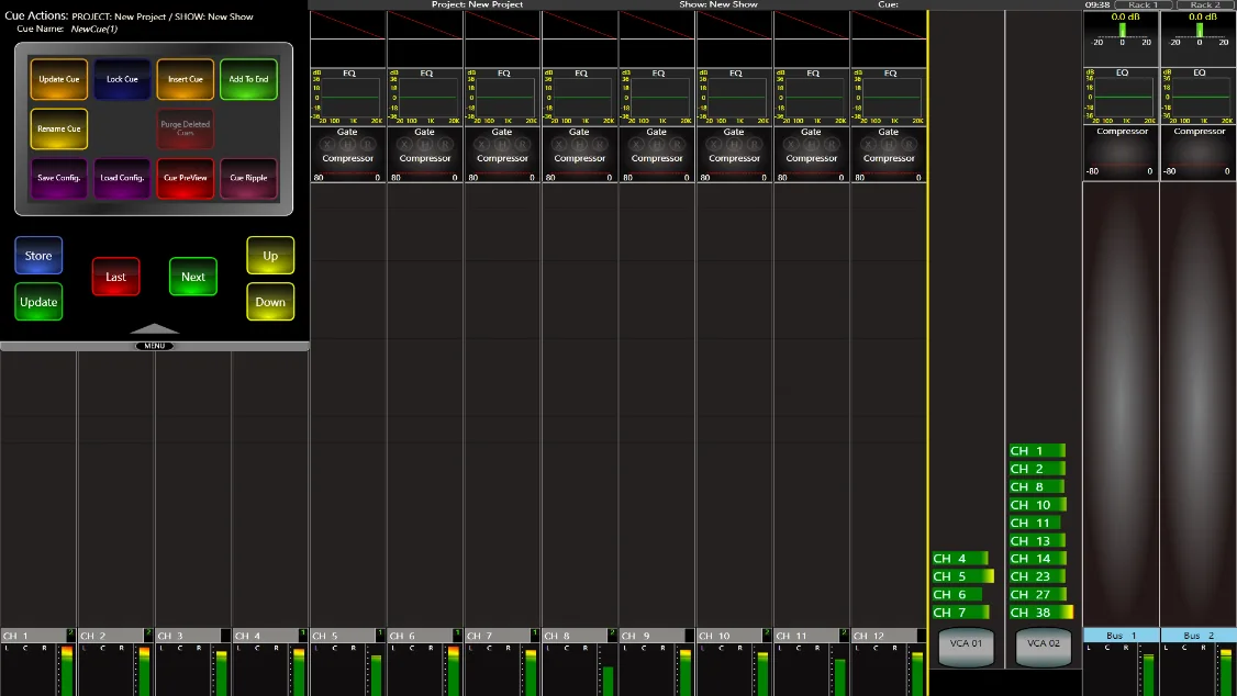 CDC five touchscreen. Cue Actions panel: storing, updating and stepping through cues, VCAs visible on the right