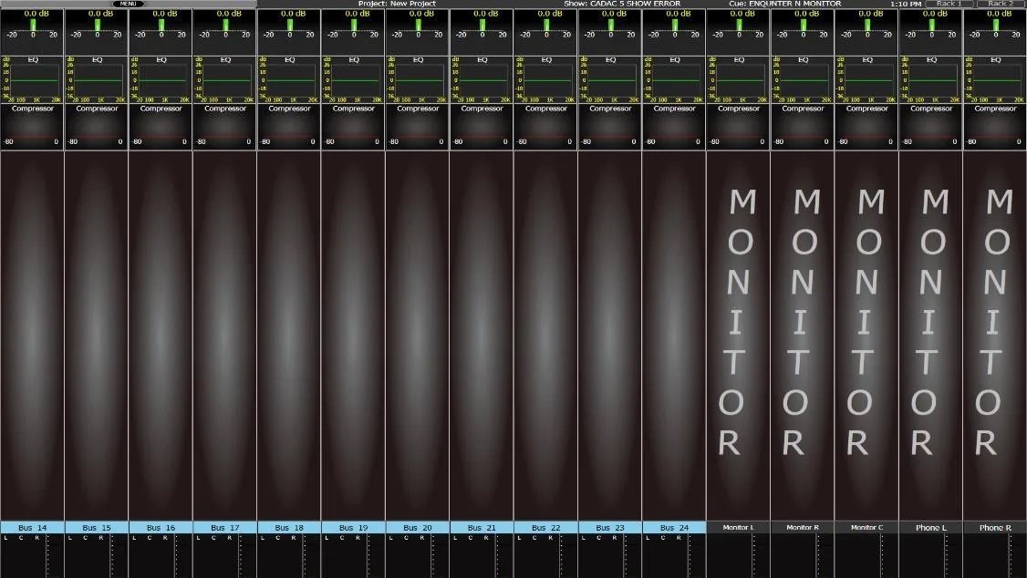 CDC five touchscreen. GOTO MONITORS view: monitor sends on the strips