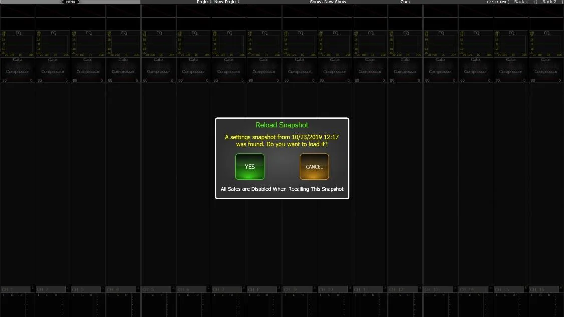 CDC five touchscreen. Power-on dialogue recalling the snapshot