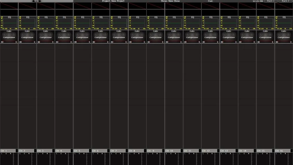 CDC five touchscreen. Main screen: 16 virtual strips with metering, EQ curve, gate and compressor