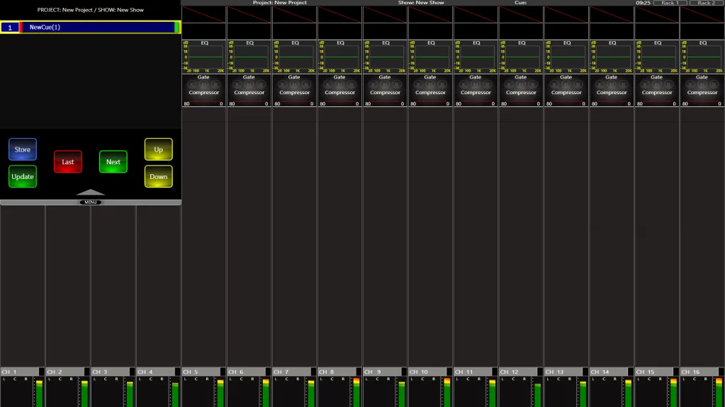CDC five touchscreen. MENU screen with the Projects, Cues, Configuration and Settings panel