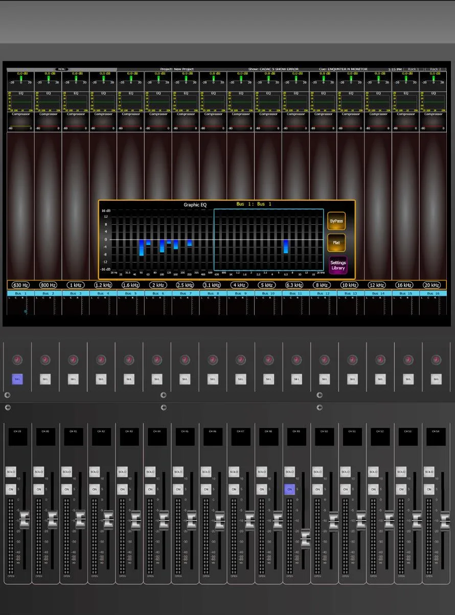 CDC five touchscreen. Output GEQ driven by the surface faders
