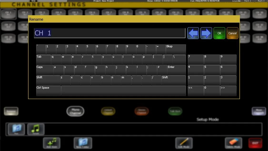 Channel Settings page with QWERTY naming keyboard, captured on the CDC five (CDC software shared across the range)