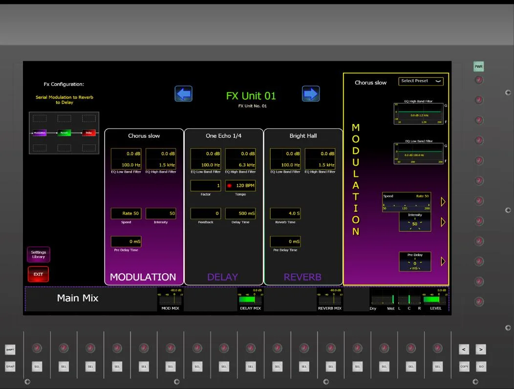 FX units page: chorus, delay and reverb, captured on the CDC five (CDC software shared across the range)
