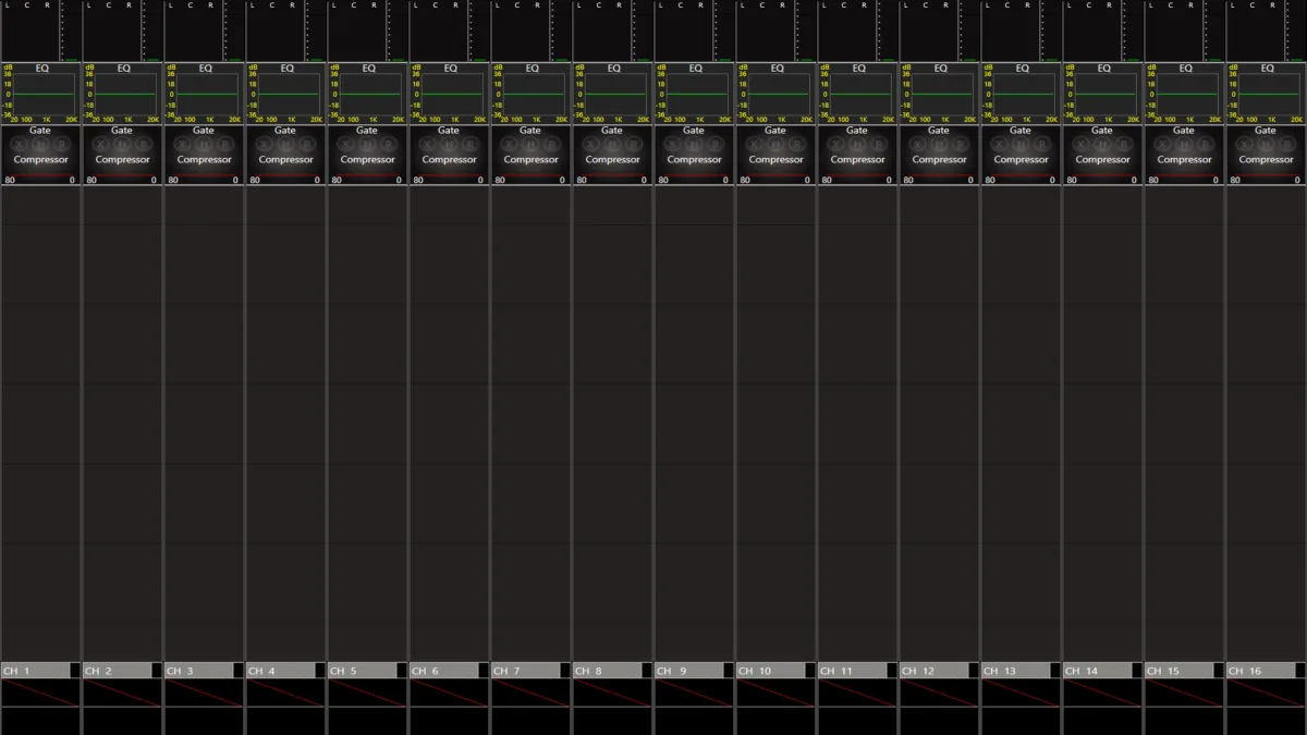 CDC seven main screen: 16 virtual strips with EQ curve, gate and compressor