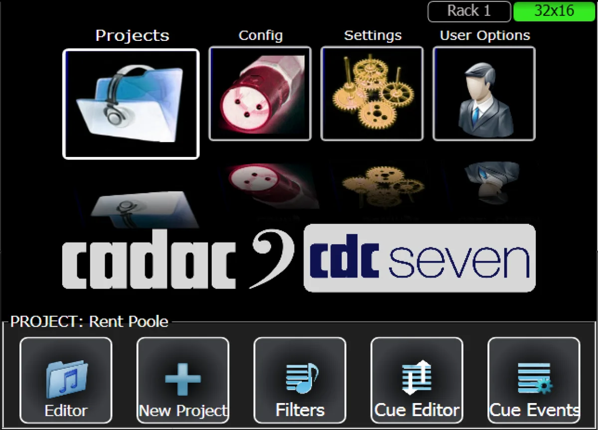 CDC seven menu screen: Projects, Config, Settings and User Options