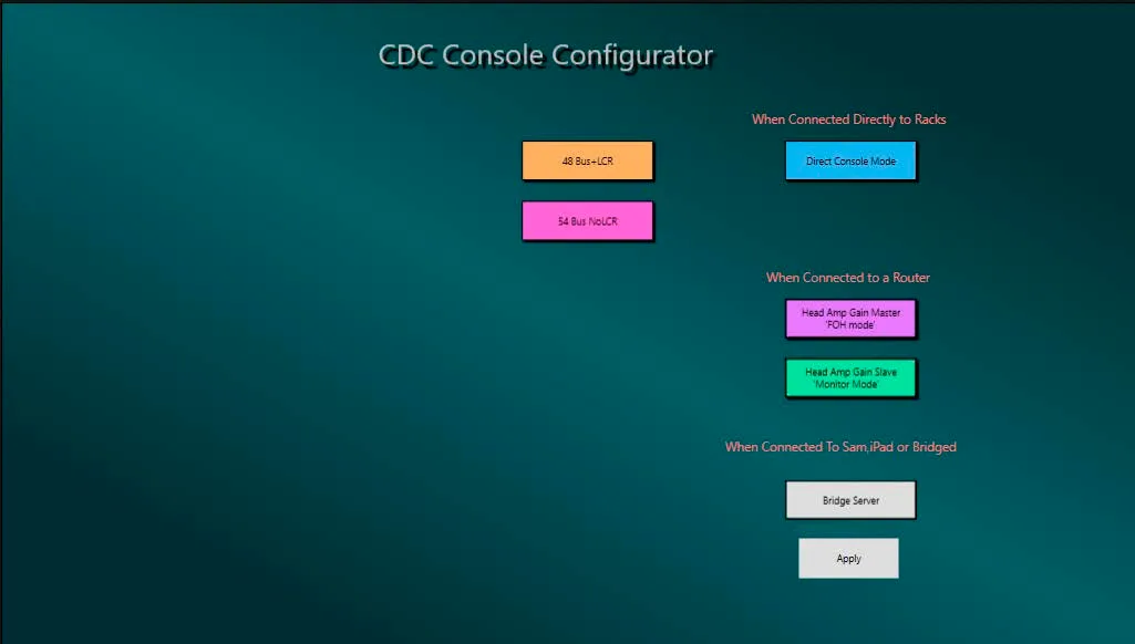 CDC Console Configurator : choix du mode de fonctionnement (racks directs, routeur, Bridge Server pour l'iPad) (guide Cadac iPad Setup)