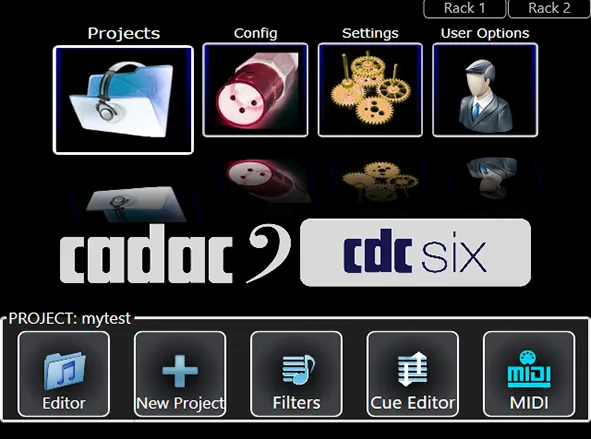 Écran de contrôle 6,5 pouces de la CDC six : page d'accueil Projects, Config, Settings, User Options (manuel p. 40)