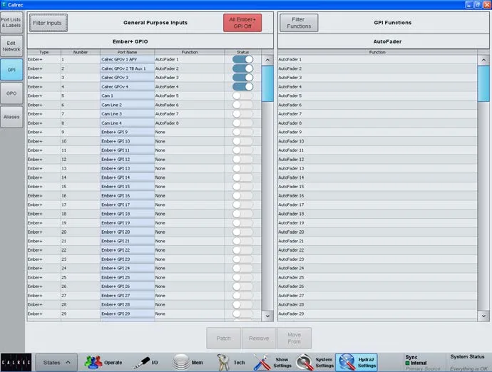 Application PC Calrec, affectation des GPI Ember+