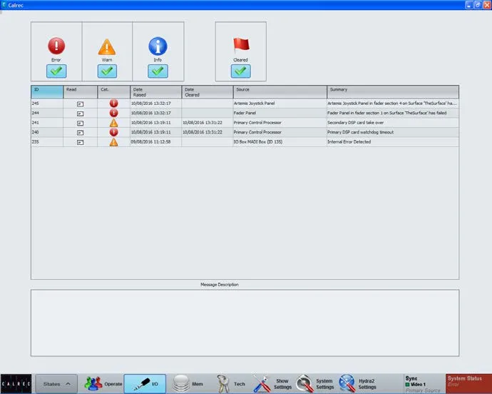 Application PC Calrec, journal System Status