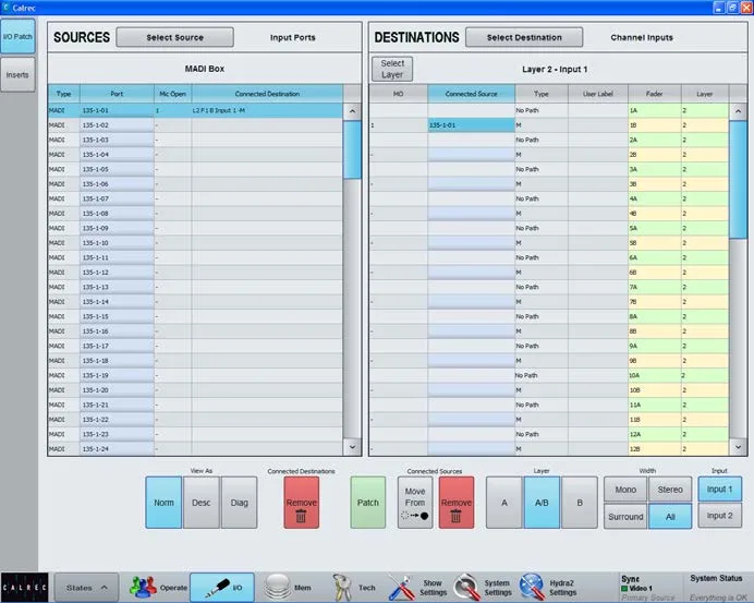 Application PC Calrec, patch d'entrées MADI vers les canaux