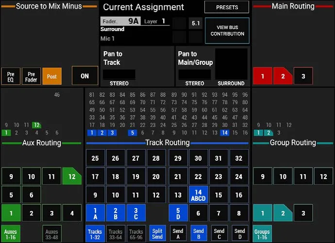 Écran tactile Apollo, routage vers mains, groupes, auxiliaires, tracks et mix-minus